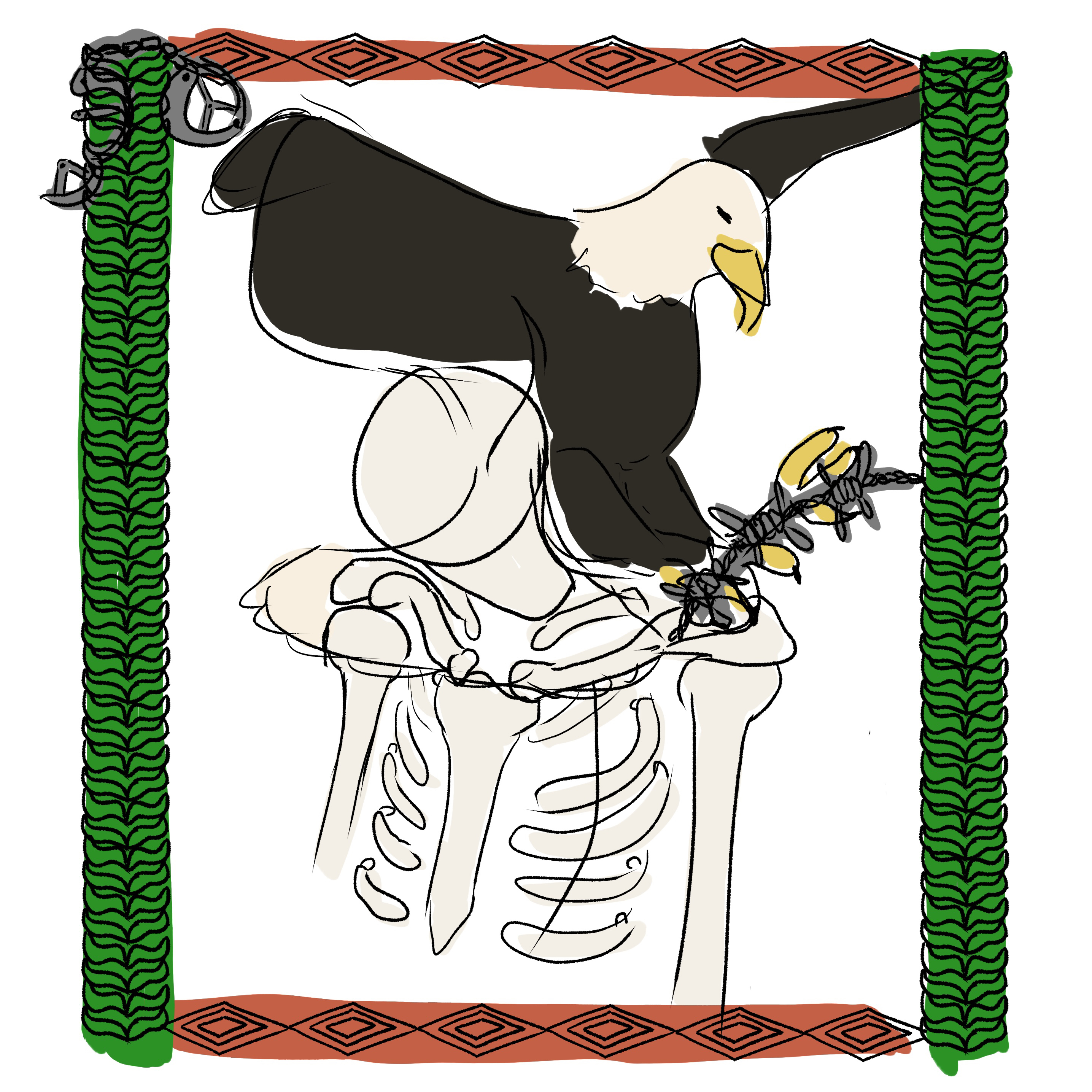 A color digital sketch of an eagle holding barbed wire on the shoulders of a skeleton.